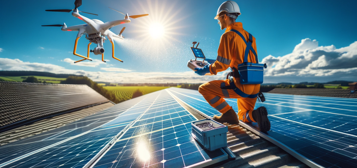 Ein Bild zeigt einen Facharbeiter, der auf einem Dach steht und eine Photovoltaikanlage mit einem speziellen Reinigungsgerät säubert.