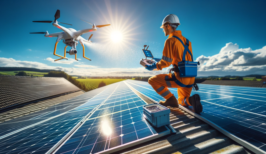 Ein Bild zeigt einen Facharbeiter, der auf einem Dach steht und eine Photovoltaikanlage mit einem speziellen Reinigungsgerät säubert.